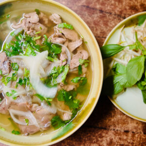 Beef Pho - thick rice noodle soup with well done beef shin